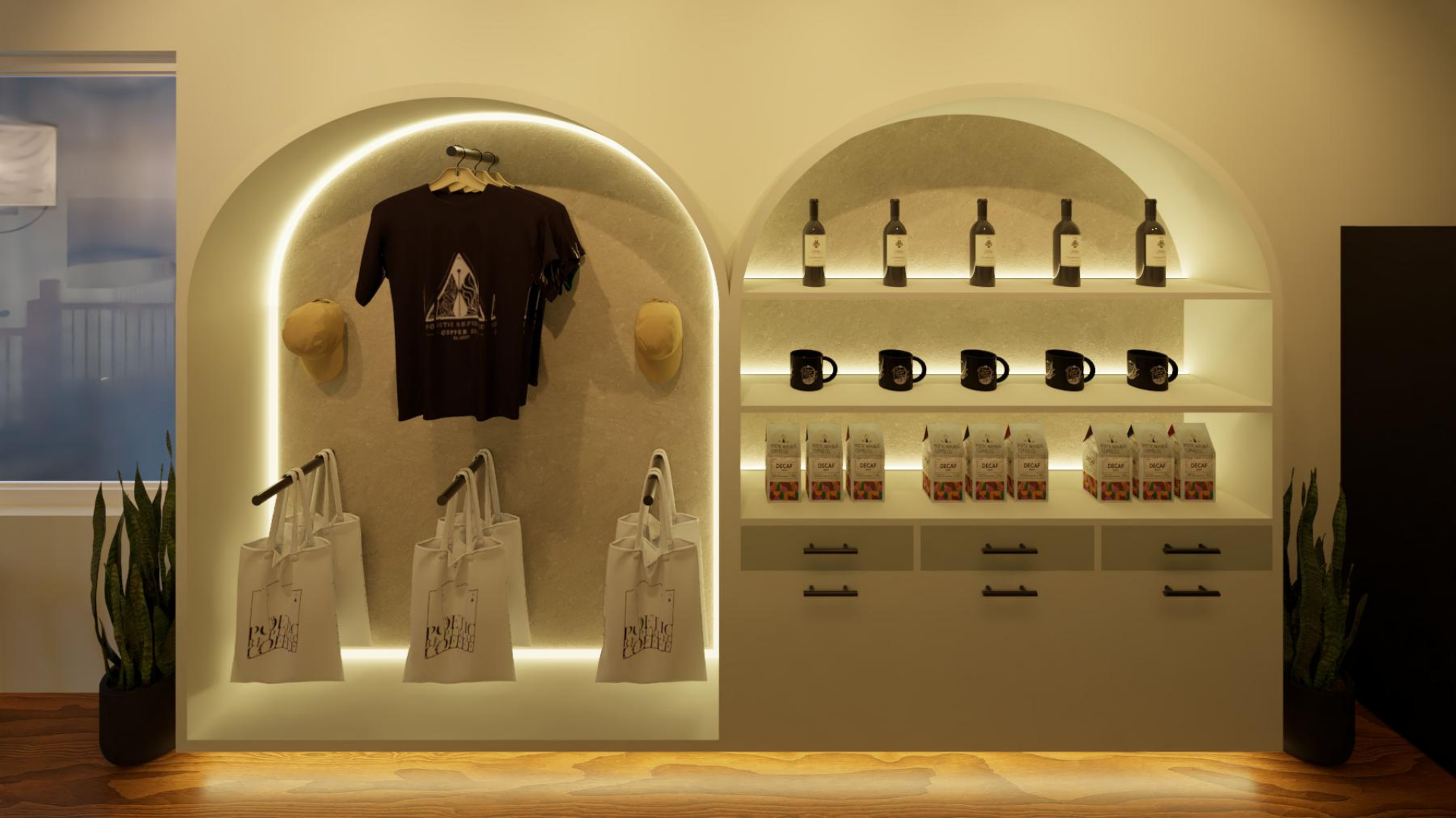 Illuminated arched retail displays in the coffee shop concept