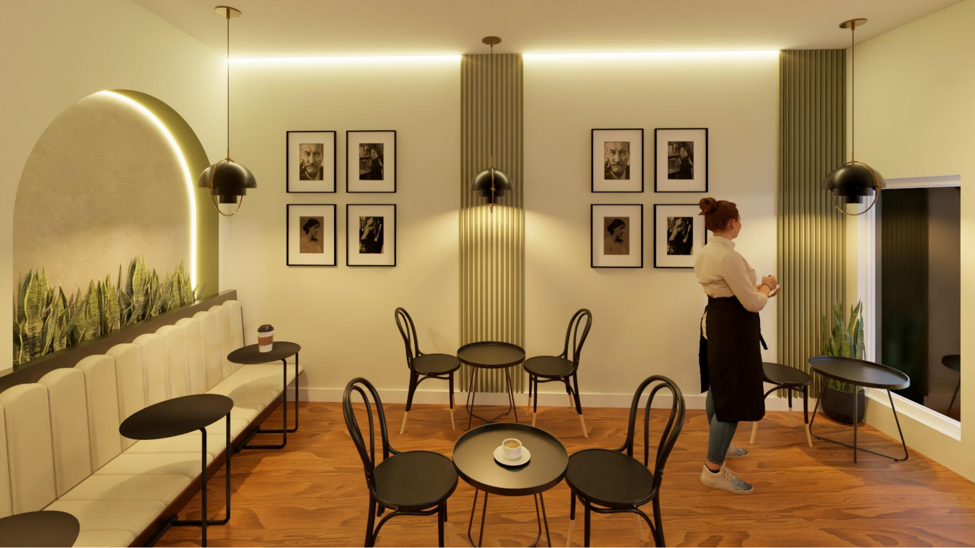 Coffee shop seating concept with banquette and round café tables